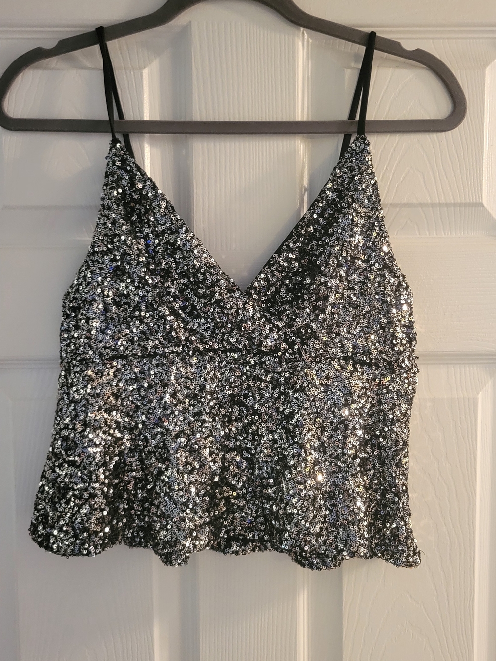 Silver Sequin V-Neck Crop Top with Spaghetti Straps
